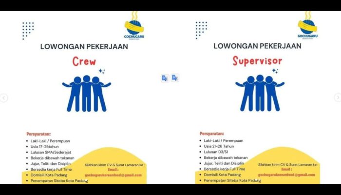 INFO LOKER 2024, Gochugaru Korean Food Padang Buka Lowongan Kerja, Posisi Supervisor dan Crew