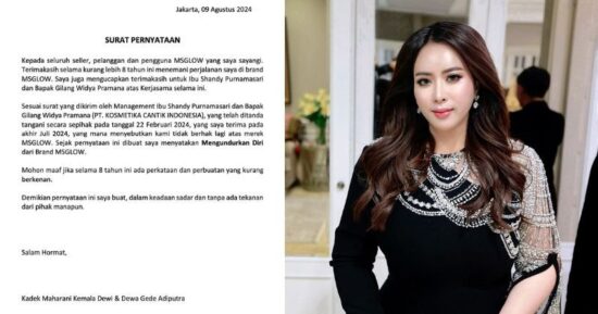 Maharani Kemala dan surat pengunduran dirinya dari MS Glow. (Foto: Istimewa)