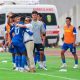 Pemain PSPS Pekanbaru bersama Aji Santoso sast merayakan gol yang dicetak Jhon Edy Mena saat melawan Sriwijaya FC.(ist)