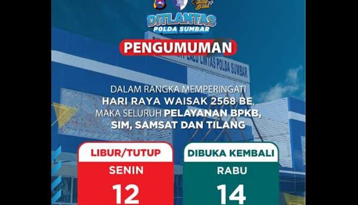Hari Raya Waisak, Ditlantas Polda Sumbar Tutup Sementara Pelayanan Samsat dan SIM