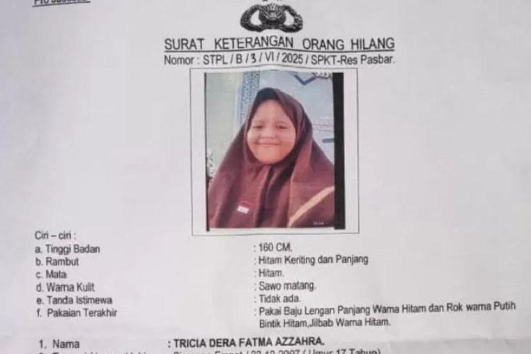Foto Tricia Dera Fatma Azzahrah (17), siswi SMA di Pasaman Barat yang dilaporkan hilang sejak Sabtu (7/6/2025).(Dok. Keluarga)