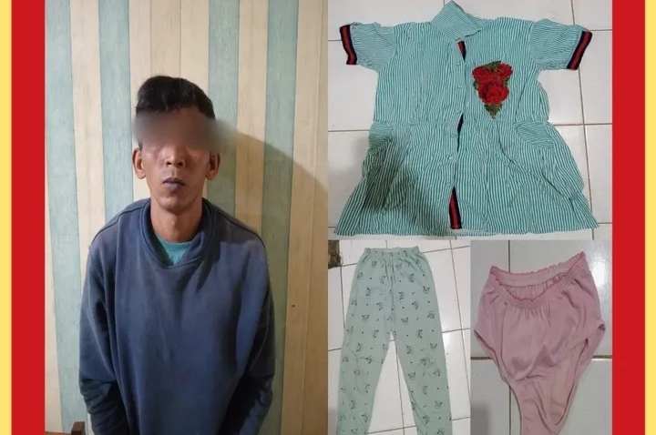 Pelaku dan Barang bukti berupa baju lengan pendek biru, celana panjang biru, dan celana dalam pink yang disita polisi dari tangan pelaku pencabulan anak di bawah umur. (Dok. Humas Polres Tanah Datar)
