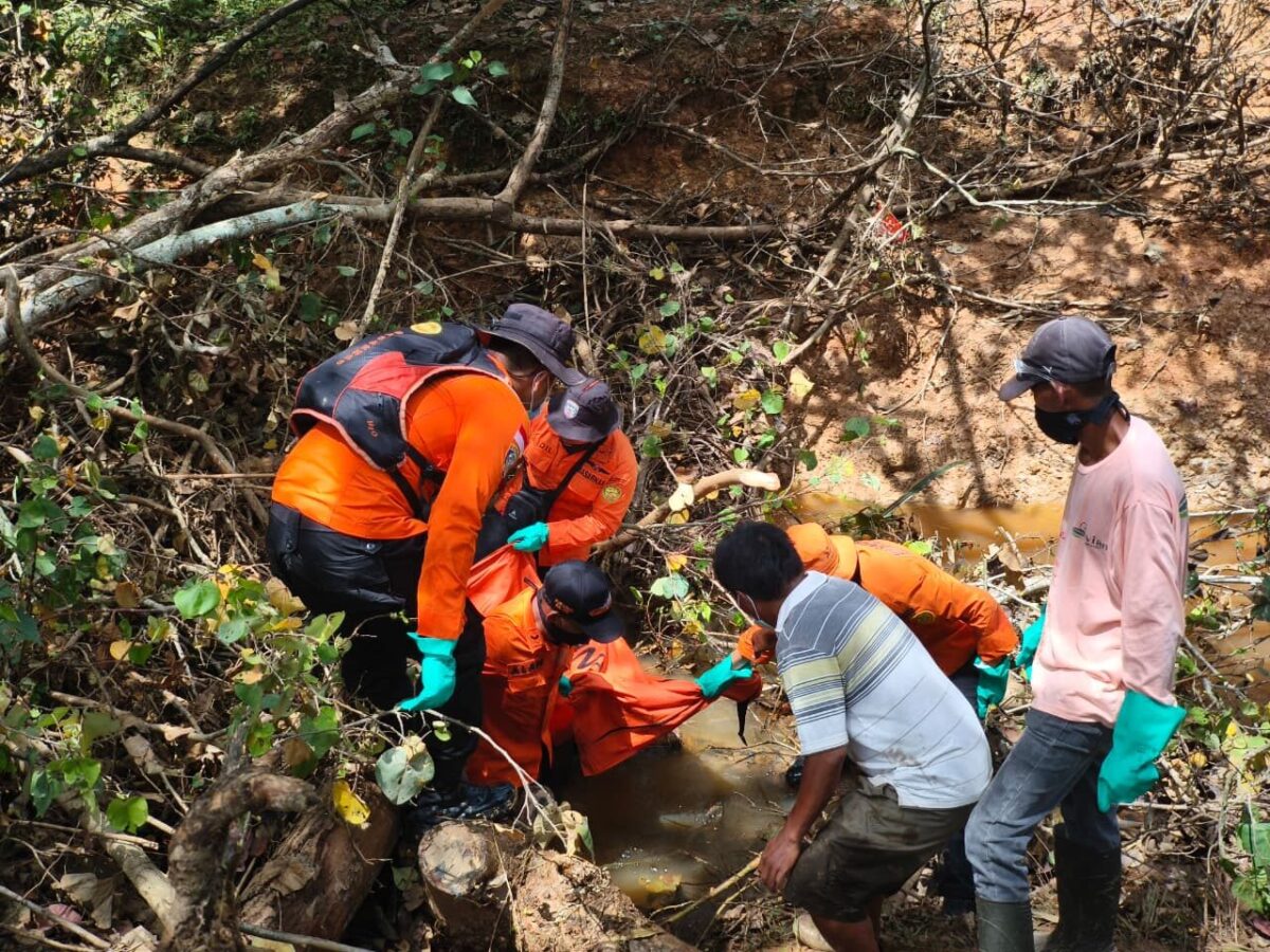 Petugas SAR mengevakuasi korban Tiopan Siregar (37) yang ditemukan dalam kondisi meninggal dunia sekitar 5,2 kilometer dari lokasi awal kejadian di kawasan perkebunan sawit Bengkalis, Sabtu (25/10/2025). (Dok. Basarnas Pekanbaru)