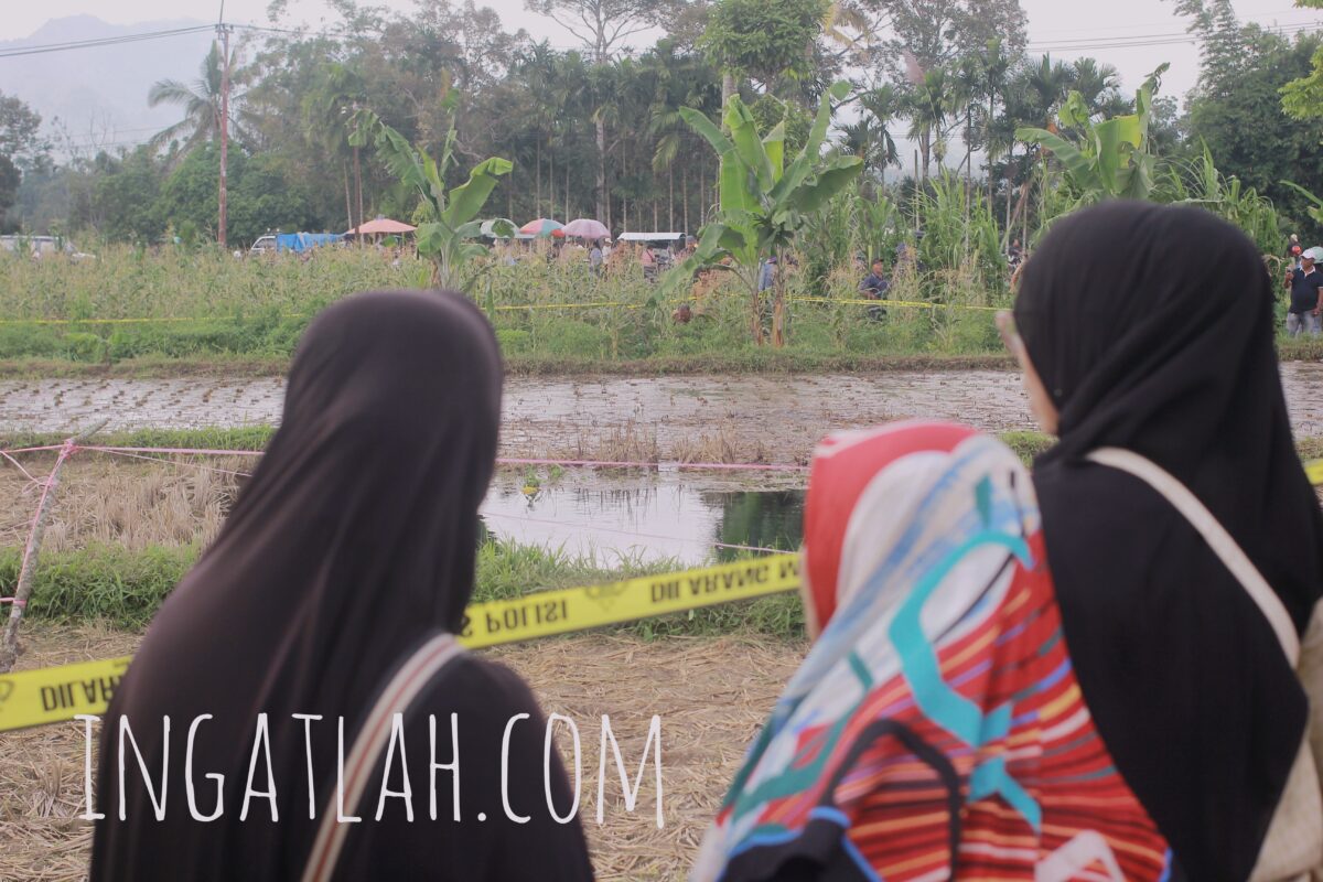 Sejumlah warga dan pengunjung menyaksikan langsung fenomena sinkhole atau sawah luluih di kawasan pertanian Pombatan, Jorong Tepi, Nagari Situjuah Batua, Kabupaten Limapuluh Kota, Selasa (6/1/2025). (Foto: INGATLAH/Rudi Juliant)