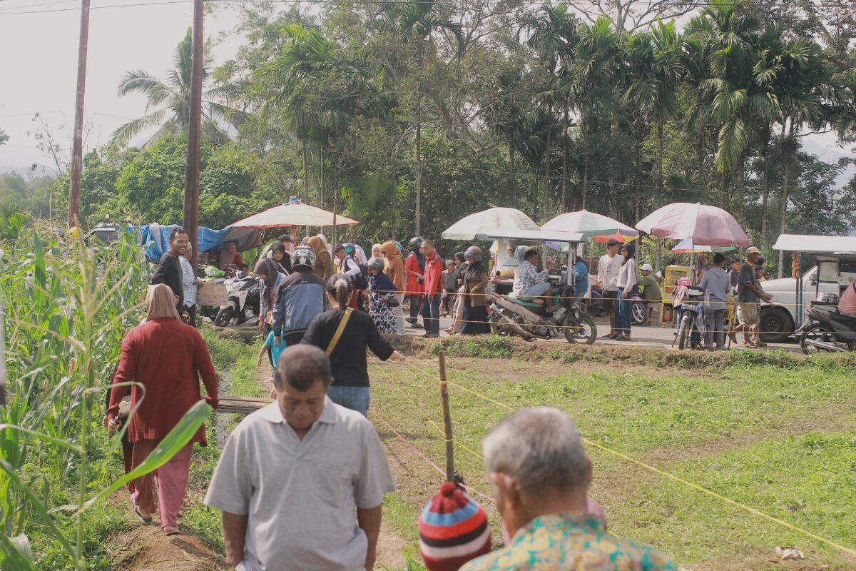 Pedagang memanfaatkan keramaian pengunjung di sekitar area persawahan terdampak fenomena sawah luluih di Situjuah Batua, Kabupaten Limapuluh Kota. (Foto: INGATLAH/Rudi Juliant)