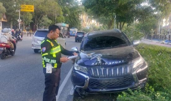 Pajero Sport Kecelakaan Tungga dan Tumbangkan Pohon di Sudirman Pekanbaru