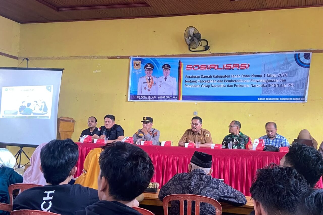 Sosialisasi Peraturan Daerah Nomor 1 Tahun 2026 tentang Pencegahan dan Pemberantasan Penyalahgunaan dan Peredaran Gelap Narkotika dan Prekursor Narkotika (P4GN dan PN) di Aula Kecamatan Tanjung Baru, Kabupaten Tanah Datar, Sumatera Barat, Selasa (28/7/2026). (Ist)