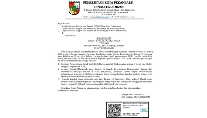 Udara Pekanbaru Masih Tidak Sehat, Disdik Pekanbaru Perpanjang PJJ