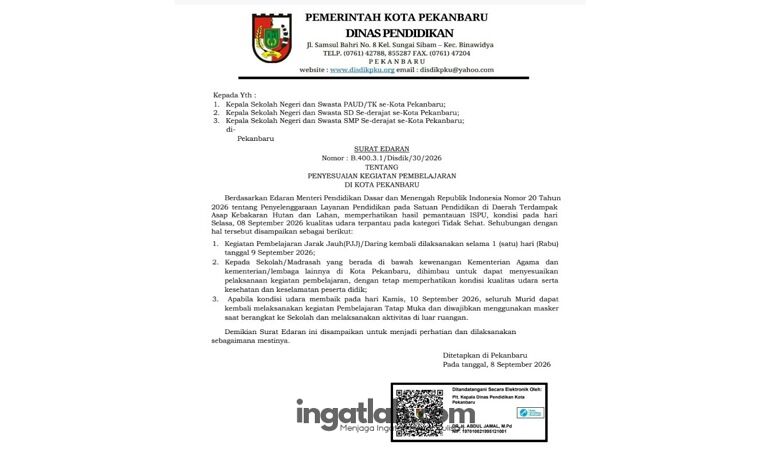 Udara Pekanbaru Masih Tidak Sehat, Disdik Pekanbaru Perpanjang PJJ untuk Siswa
