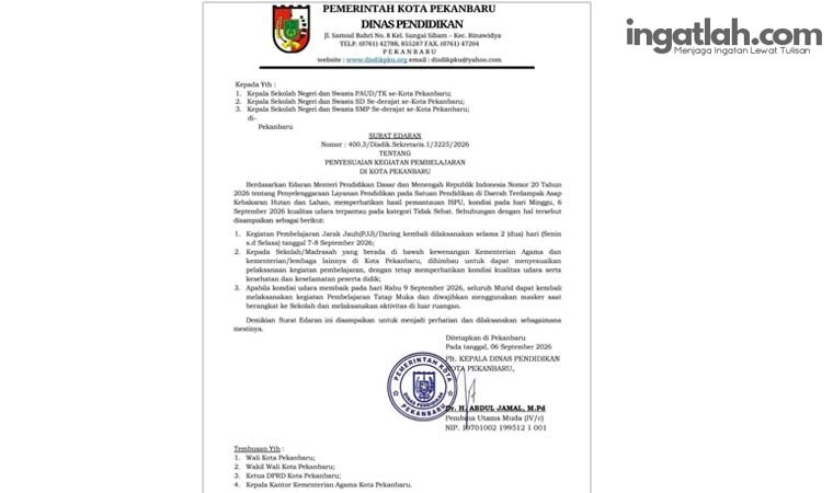 Kualitas Udara Kembali Memburuk, Wali Kota Pekanbaru Putuskan Sekolah PJJ Dua Hari