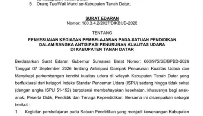 Kualitas Udara di Tanah Datar Memburuk, Sekolah Beralih ke PJJ